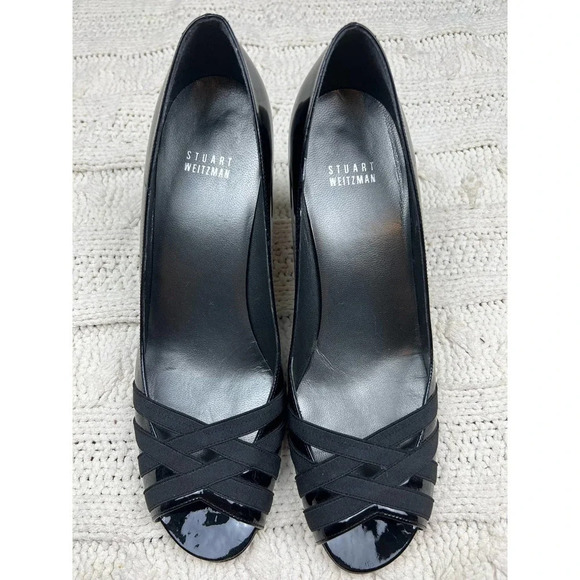 Stuart Weitzman Shoes - Stuart Weitzman Black Leather Heels Peep Toe Ribbon Size 9.5